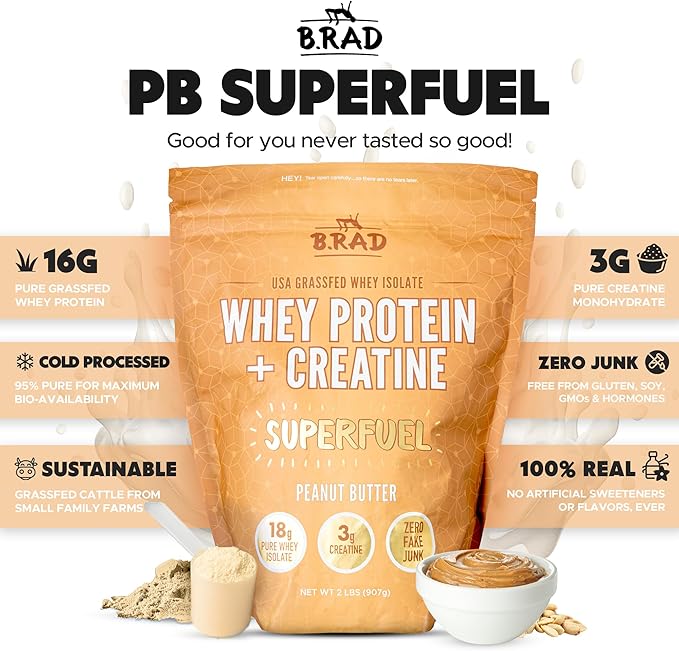 B.rad Superfuel - Grass Fed Whey Protein Isolate Boosted with Creatine | Ultra-Pure, All-Natural Clean Ingredients | 2 Pounds | 100% USA Sourced | Peanut Butter