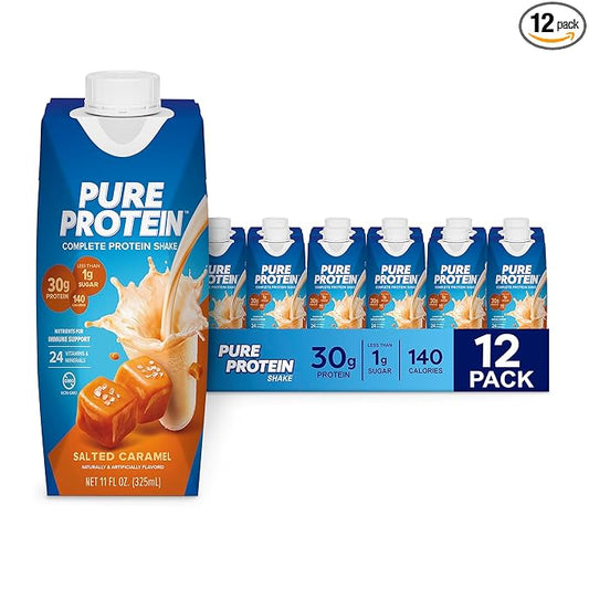 Pure Protein Salted Caramel Shake, Ready to Drink and Keto-Friendly, Vitamins A, C, D, and E Plus Zinc to Support Immune Health, 11 Oz, 12 Count