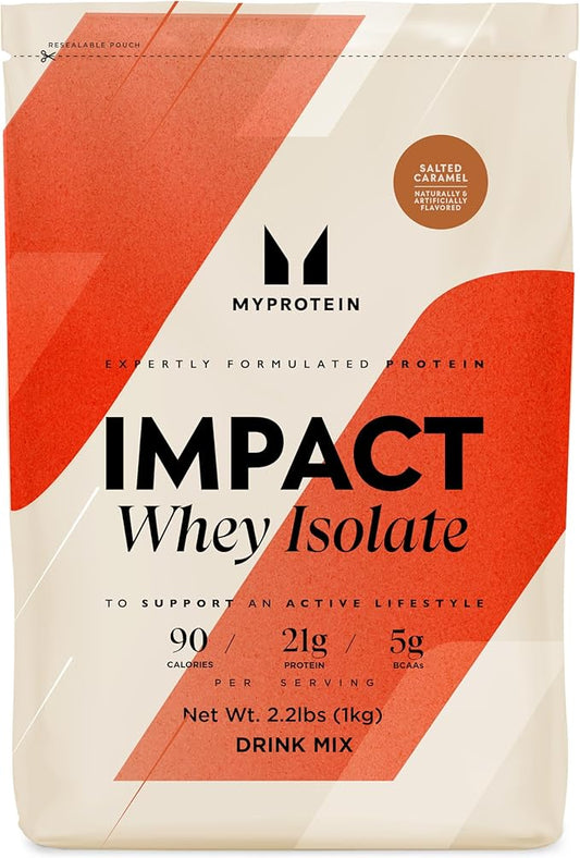 Myprotein Impact Whey Protein Isolate, 2.2 Lbs (40 Servings) Salted Caramel, 21g Protein & 6g BCAA Per Serving, Gluten-Free Shake for Muscle Strength & Recovery