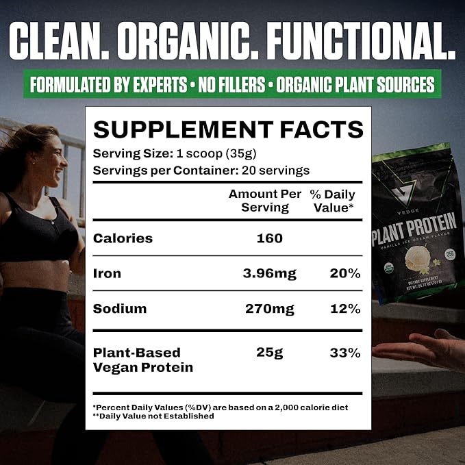 vedge Vegan Protein Powder - Plant Protein Powder with Pea, Pumpkin & Sunflower - USDA Organic, Amino Acids, Dairy Free, Gluten Free, Soy Free, Keto, Non GMO, Smooth Texture - Vanilla - 20 Servings