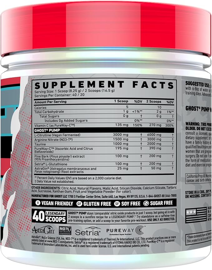 GHOST Pump Nitric Oxide Powder, Passionfruit - 40 Servings - Sugar & Stim-Free Pre-Workout Supplements - L-Citrulline, Arginine Nitrate & L-Glutathione - Soy & Gluten-Free, Vegan