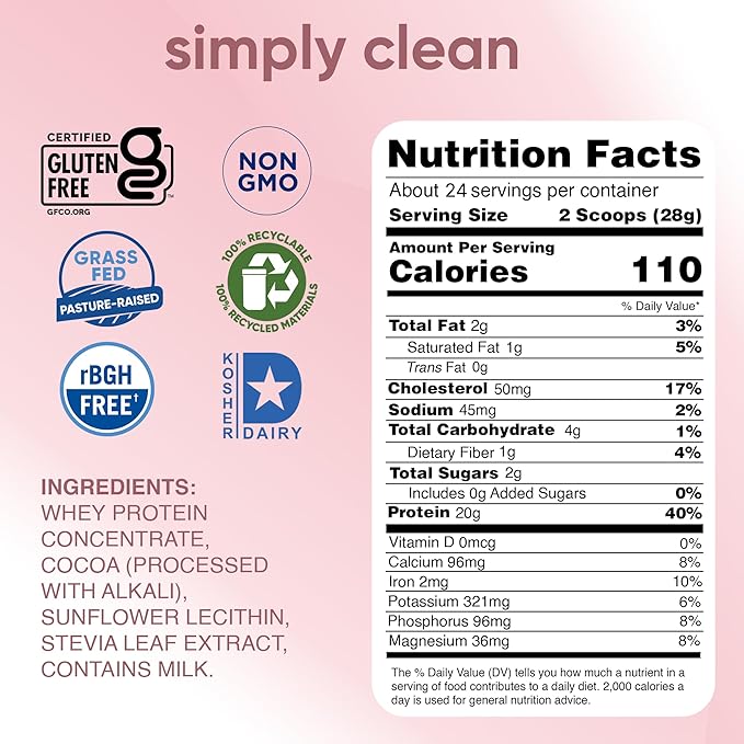 simply tera's Pure Whey Protein Powder - Dark Chocolate Clean Protein Powder, Grass Fed Whey Protein Powder Without Artificial Sweeteners, Clean Label, Non-GMO, Kosher, rBGH-Free - 24 Oz