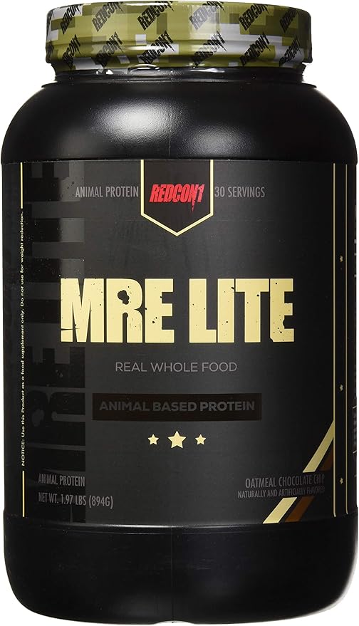 REDCON1 MRE Lite Whole Food Protein Powder, Oatmeal Chocolate Chip - Low Carb & Whey Free Meal Replacement with Animal Protein Blends - Easy to Digest Supplement Made with MCT Oils (30 Servings)