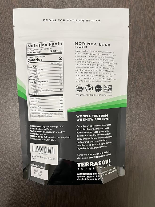 Terrasoul Superfoods Organic Moringa Powder, 11 Oz : Detox - Antioxidants - Immunity