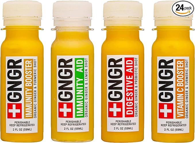 +GNGR 24 Shots Variety Pack of Organic Immunity Boosting Ginger Shots - Cold Pressed Ginger Shots for All Natural Digestive and Immune Support - Nothing Artificial - USDA Organic (2 Fl Oz, 24 Pack)