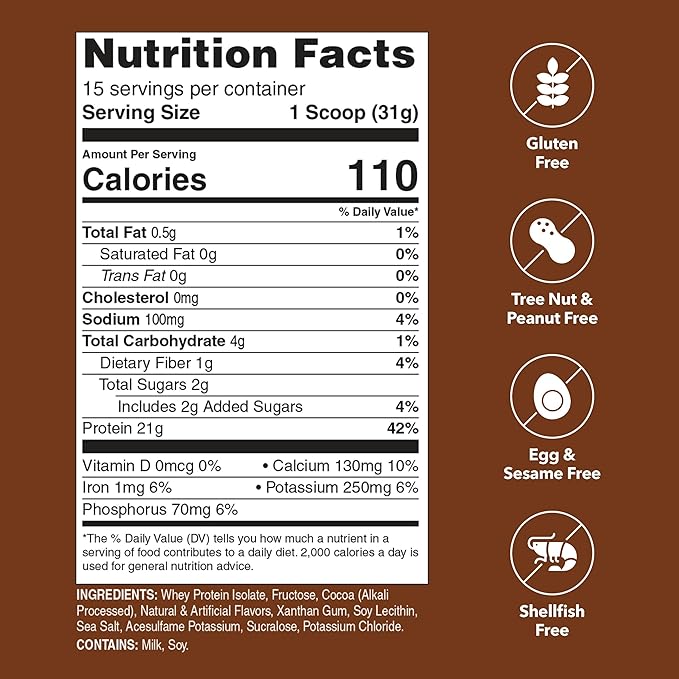 Whey Protein Powder | Chocolate Protein Powder | 21g 100% Whey Isolate Protein Powder | Low Carb and Lactose Free | Gluten Free Whey Protein Isolate | Certified Kosher | 15 Servings