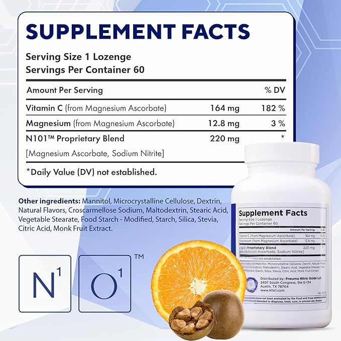 Nitric Oxide Lozenges - 60 Count - Nitric Oxide Supplement for Heart Health, Circulation, Energy, Blood Flow, Oxygenation, Healthy Blood Pressure, Cardiovascular Support for Men & Women