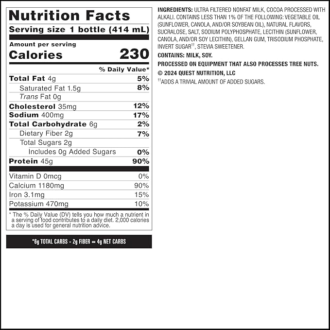 Quest Nutrition Chocolate Protein Shake, 45g Protein, 2g Sugar, 4g Net Carbs, Ready to Drink, Gluten Free, 4 Count