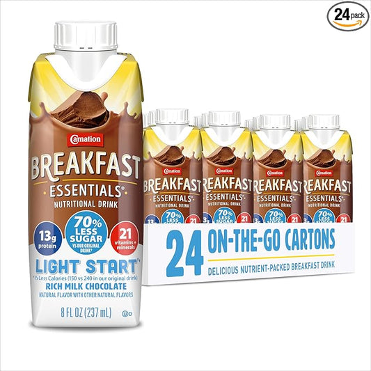 Carnation Breakfast Essentials Light Start Nutritional Drink, 13g Protein Ready-to-Drink, 70% Less Sugar, Immune Support, Vitamins, Gluten Free, Chocolate, 8 FL OZ Carton (24 Pack)