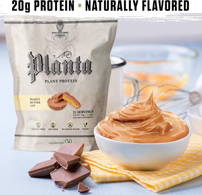 Ambrosia Planta - Premium Organic Plant-Based Protein | Vegan & Keto Friendly | Gourmet Flavors with No Bloating or Stomach Upset | Gluten & Soy Free | No Added Sugar | 25 Servings | Peanut Butter Cup