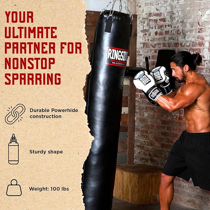 Ringside 100-Pound Muay Thai Heavy Bag, Sturdy Powerhide Punching Bag for Boxing, MMA, Muay Thai, and Kickboxing Training and Workout, Includes Chain and Swivel, Black, 72" H x 13" Dia.