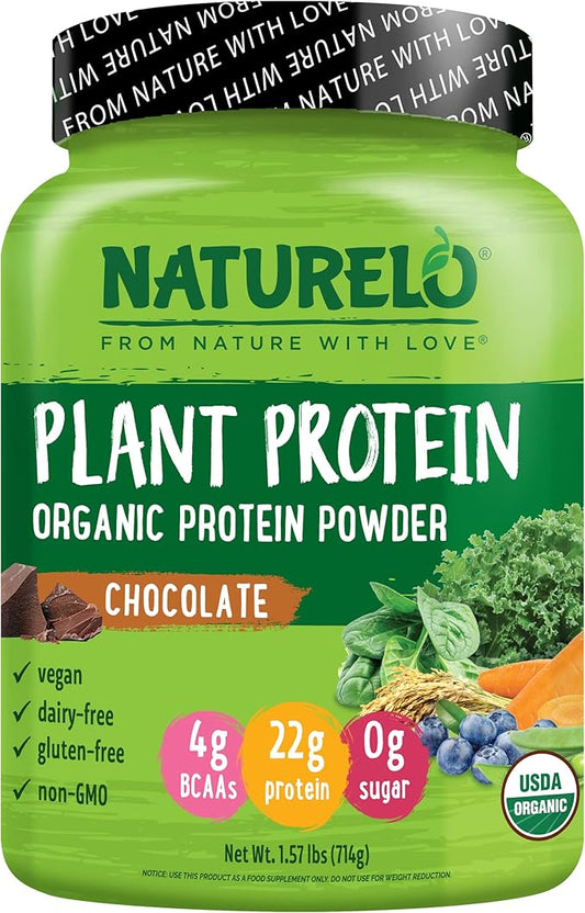 NATURELO Plant Protein Powder, Chocolate, 22g Protein - Non-GMO, Vegan, No Gluten, Dairy, or Soy - No Artificial Flavors, Synthetic Coloring, Preservatives, or Additives - 20 Servings