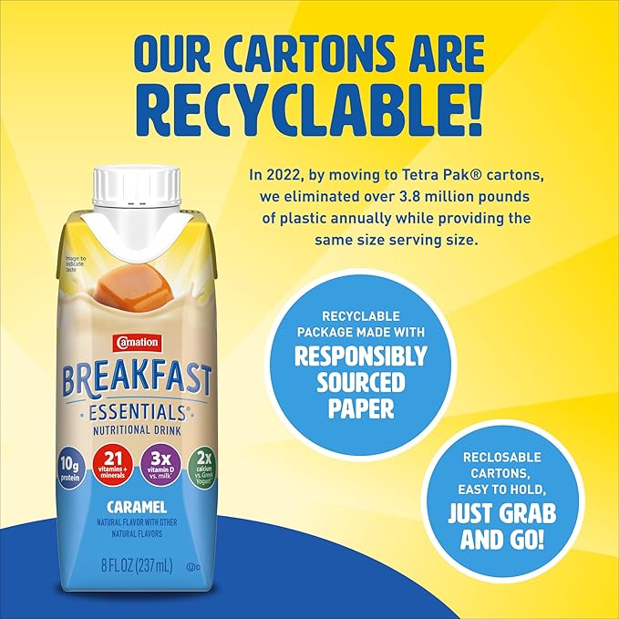 Carnation Breakfast Essentials Original Nutritional Drink, New Caramel Flavor, Ready-to-Drink, 10g Protein, Vitamins D & C, Key Nutrients for Immune Support, Gluten Free, Kosher, 8 FL OZ (24 Pack)