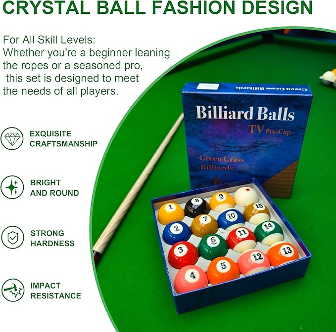 Billiard Balls Set 2-1/4" Regulation Size Pool Table Balls for Replacement (16 Resin Balls)
