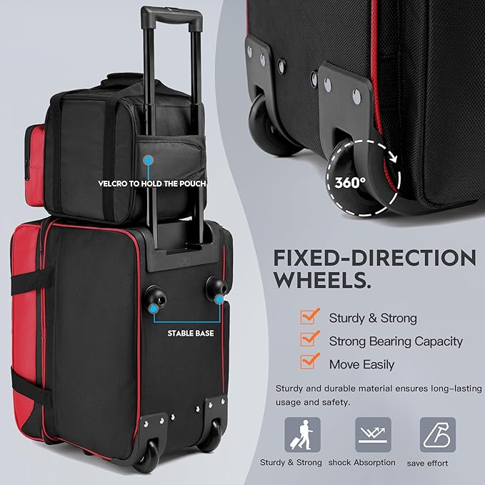 3 Ball Bowling Bag with Wheels, Bowling Bag 3 Ball Roller with Separate Shoe Compartment and Accessory Pocket, 2 Ball Roller Bag Plus Single Ball Tote