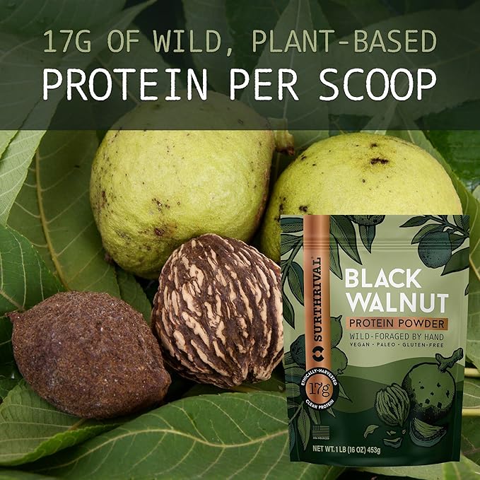 Surthrival: Black Walnut Protein Powder, Wild-Foraged, Ethically-Harvested, 17g Protein, USA Sourced, Vegan, Paleo, Gluten-Free, 1lb