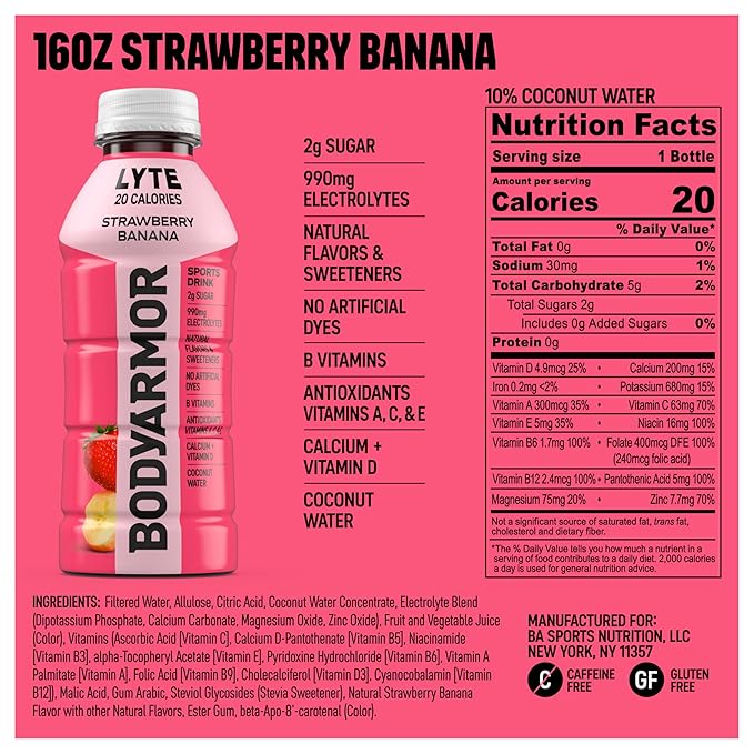 BODYARMOR LYTE Sports Drink Low-Calorie Sports Beverage, Strawberry Banana, Coconut Water Hydration, Natural Flavors With Vitamins, Potassium-Packed Electrolytes, Perfect For Athletes, 16 Fl Oz (Pack of 12)