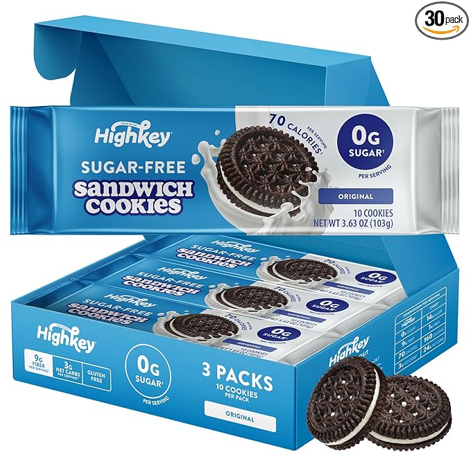 HighKey Sugar Free Sandwich Cookies - Low Calorie, Keto-Friendly Snack With Zero Sugar and Gluten Free - 30 Count