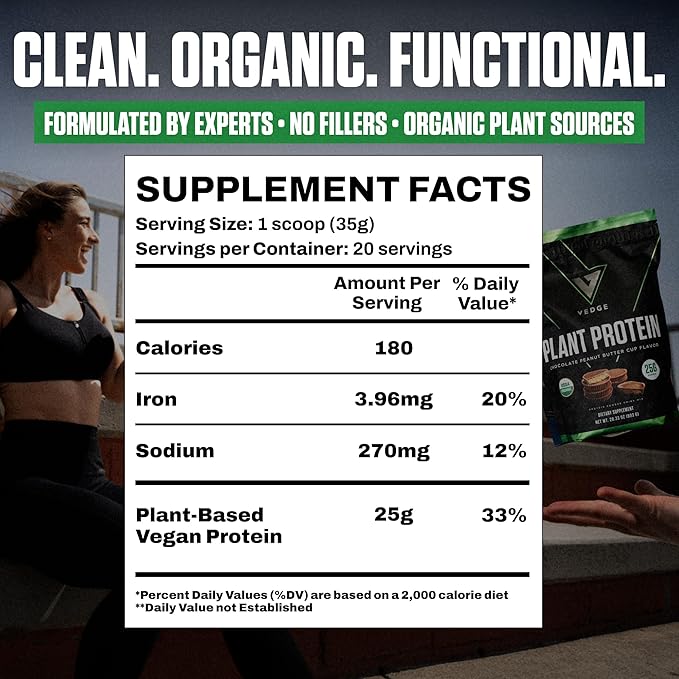 vedge Vegan Protein Powder - Plant Protein Powder with Pea, Pumpkin & Sunflower - USDA Organic, Amino Acids, Dairy Free, Gluten Free, Soy Free, Keto, Non GMO - Peanut Butter Cup - 20 Servings