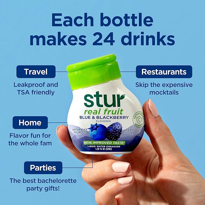 Stur Liquid Water Enhancer | Blue & Blackberry | Naturally Sweetened | High in Vitamin C & Antioxidants | Sugar Free | Zero Calories | Keto | Vegan | 5 Bottles, Makes 120 Drinks