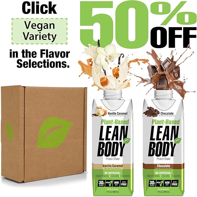 Lean Body Ready-to-Drink, Plant-Based Vegan Vanilla Caramel Protein Shake, 30g Protein, No Artificial Flavors, Sweeteners or Colors, Non GMO, Gluten Free, Premium Pea & Rice Blend (Pack of 12)