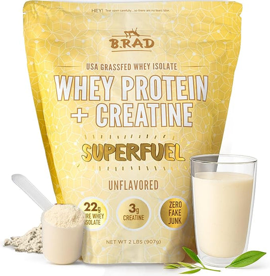 B.rad Superfuel - Grass Fed Whey Protein Isolate Boosted with Creatine | Ultra-Pure, All-Natural Clean Ingredients | 2 Pounds | 100% USA Sourced | Unflavored