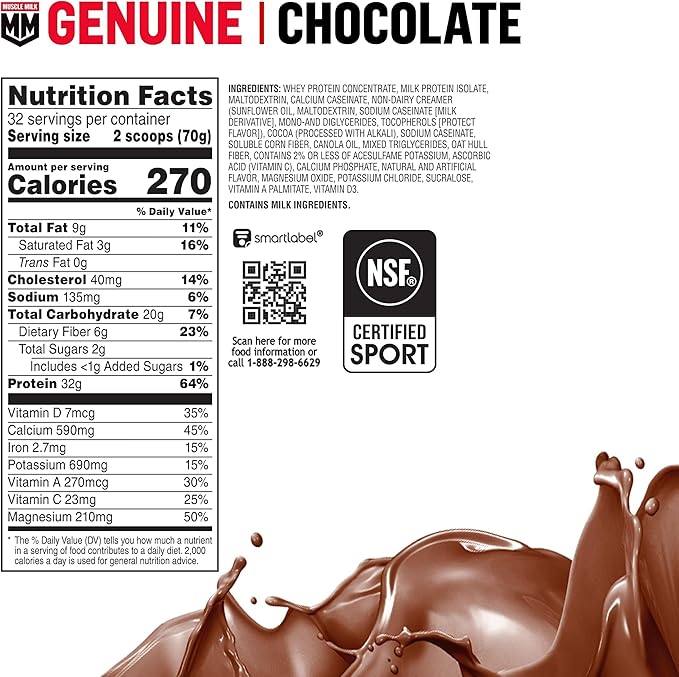 Muscle Milk Genuine Protein Powder, Chocolate, 4.94 Pound, 32 Servings, 32g Protein, 2g Sugar, Calcium, Vitamins A, C & D, NSF Certified for Sport, Energizing Snack, Packaging May Vary