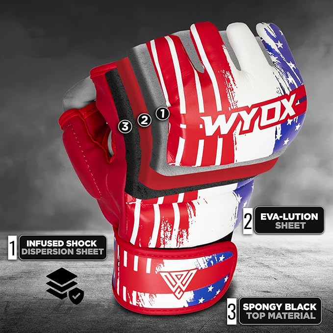 WYOX MMA Gloves for Men & Women – Grappling & Sparring Boxing Gloves with Open Palm Design, Padded Fingerless Training Gloves for Kickboxing, Muay Thai, Youth & Heavy Bag Workouts