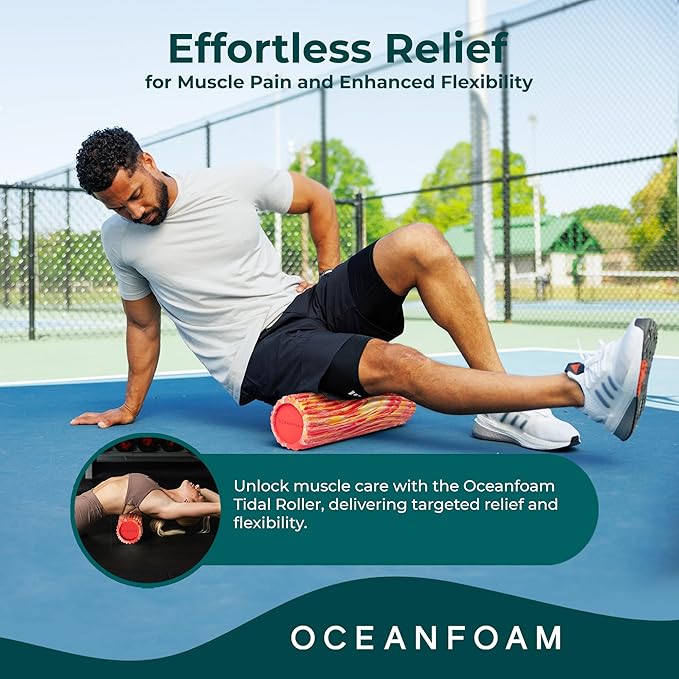 Oceanfoam Tidal Roller - Red, Gold & Natural Marbled - Muscle Massage Foam Roller for Back Pain & Stretching - Firm and Ergonomic Wide Wave Textured - Yoga, Athletics, & Wellness - Full Size, 20" x 5"