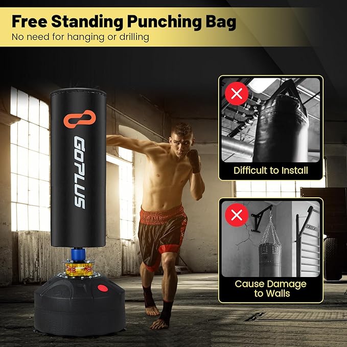 Goplus Freestanding Punching Bag, 220LBS Heavy Boxing Bag with Gloves, Shock Absorber, 12 Suction Cup Base, Kickboxing Bag with Stand for Adults Youth Men Women Home Gym