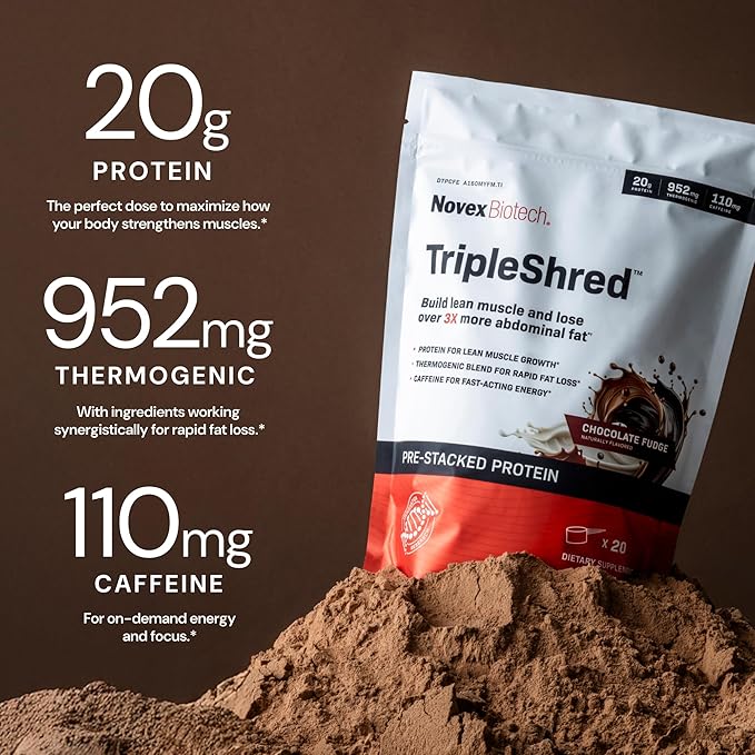 Novex Biotech TripleShred Protein - Pre-Stacked Protein - Increase Energy and Focus - Build Muscle - Chocolate Fudge, 20 svgs