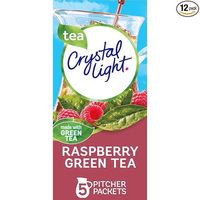 Crystal Light Raspberry Green Tea Naturally Flavored Powdered Drink Mix, 60 ct Pack, 12 Canisters of 5 Pitcher Packets