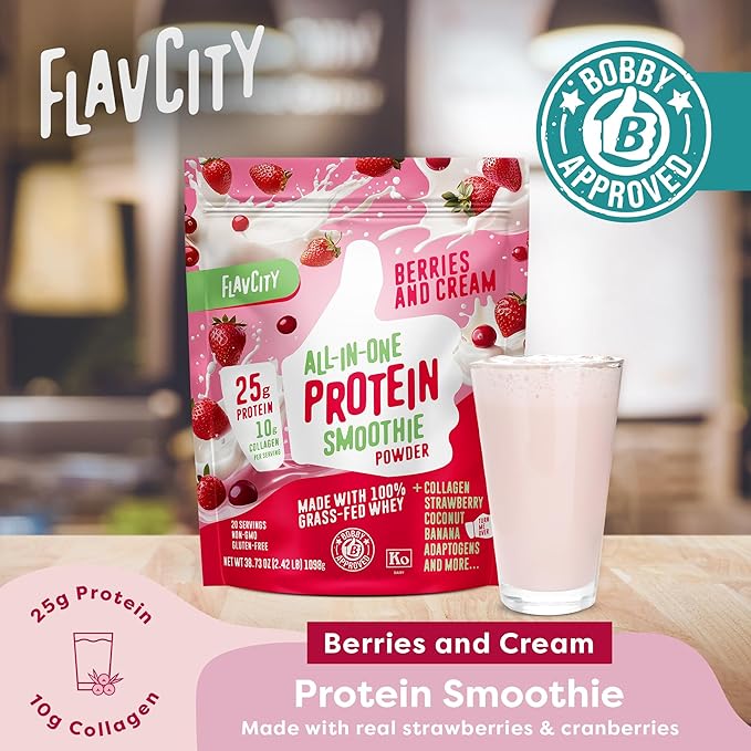 FlavCity Grass Fed Whey Protein Powder - Berries & Cream - 25g Protein & 10g Collagen - Made with Organic Strawberries & Coconut Milk - Gluten Free & No Added Sugars (20 Servings)