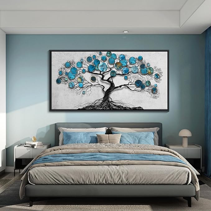 CHATYOUNG Wall Art Living Room - Large Art Teal Blue Tree Abstract Landscape Modern Paintings Black Framed Artwork for Bedroom Dining Room Office Kitchen Home Decor 58"x29"