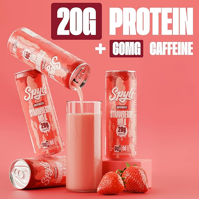 High Protein Strawberry Milk with 60mg Caffeine & 20g Protein - 90 Calories, Ready to Drink, Sugar Free, Lactose Free Milk, Perfect for Workout Recovery & Afternoon Pick Me Up - 12 Count