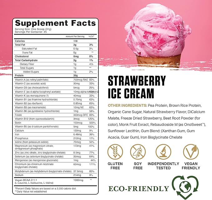Ambrosia Planta - Premium Organic Plant-Based Protein | Vegan & Keto Friendly | Gourmet Flavors | No Bloating or Stomach Upset | Gluten & Soy Free | No Added Sugar | 25 Servings | Strawberry Ice Cream