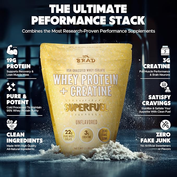 B.rad Superfuel - Grass Fed Whey Protein Isolate Boosted with Creatine | Ultra-Pure, All-Natural Clean Ingredients | 2 Pounds | 100% USA Sourced | Unflavored