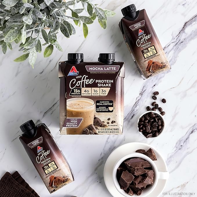 Atkins Mocha Latte Iced Coffee Flavored Protein Shake, High Protein, Low Glycemic, Low Carb and Low Sugar Shakes, Keto-Friendly, 12 Pack