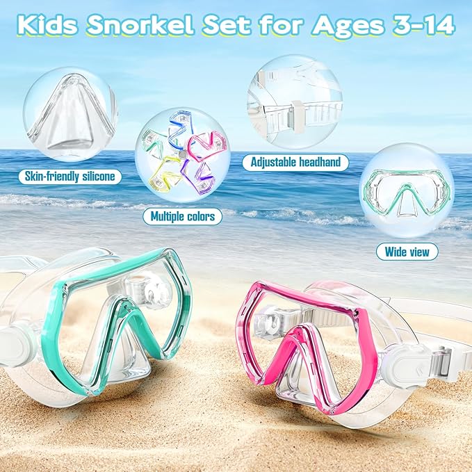 Snorkeling Gear for Kids, Kids Snorkel Set for Ages 3-14, Anti-Fog Diving Mask and Dry Top Snorkel Combo Set, Unisex Swimming Goggles