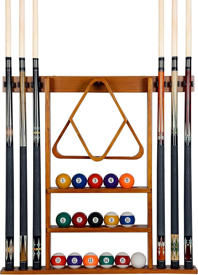 Iszy Billiards Pool Cue Rack - Billiard Pool Stick and Ball Holder Only - 100% Wood Wall Mount Holds 6 Cues and 16 Balls - Pool Table Accessories, Oak