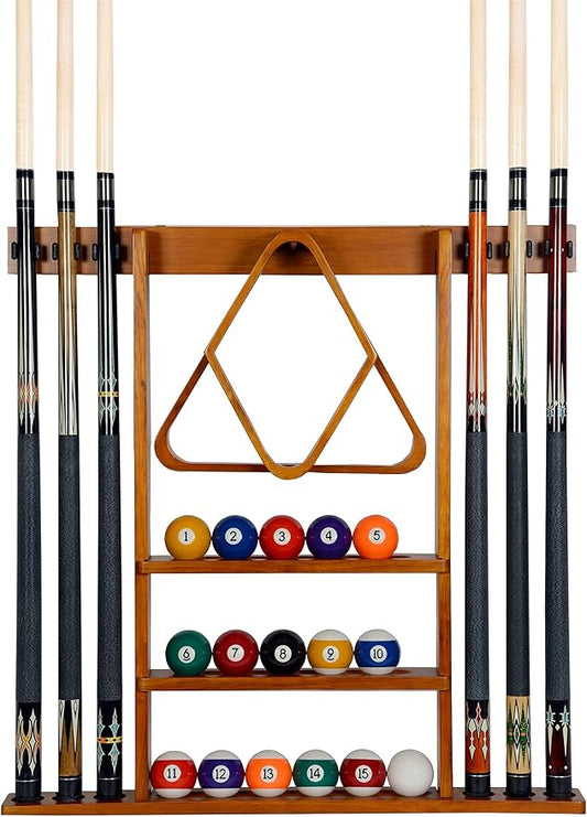 Iszy Billiards Pool Cue Rack - Billiard Pool Stick and Ball Holder Only - 100% Wood Wall Mount Holds 6 Cues and 16 Balls - Pool Table Accessories, Oak