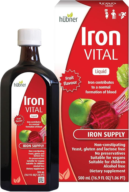 Hubner Iron Vital Liquid Iron Supply Plus Vitamin C, Dietary Supplement for Adults and Kids, Vegan and Gluten-Free, Fruit Flavor, 500 ml Bottle, 50 Servings