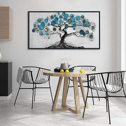 CHATYOUNG Living Room Wall Art - Tenacious Tree of Life Teal Blue Leaves Theme Large Paintings Canvas Framed Wall Picture for Office Bedroom Kitchen Office Home Decor 40"x20"