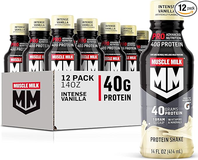 Muscle Milk Pro Advanced Nutrition Protein Shake, Intense Vanilla, 14 Fl Oz Bottle, 12 Pack, 40g Protein, 1g Sugar, 16 Vitamins & Minerals, 6g Fiber, Workout Recovery, Packaging May Vary