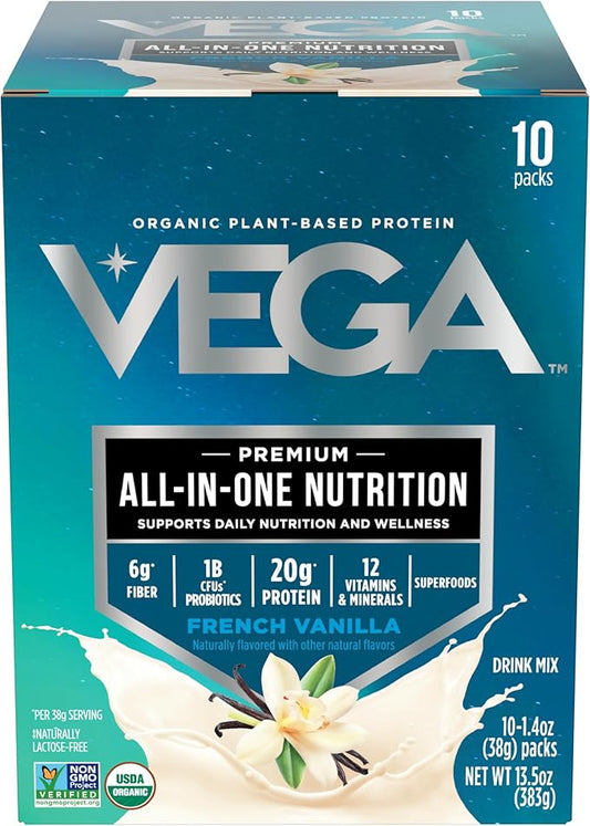 Vega Organic All-in-One Vegan Protein Powder, French Vanilla -Superfood Ingredients, Vitamins for Immunity Support, Keto Friendly, Pea Protein for Women & Men, 13.5 oz (Packaging May Vary)