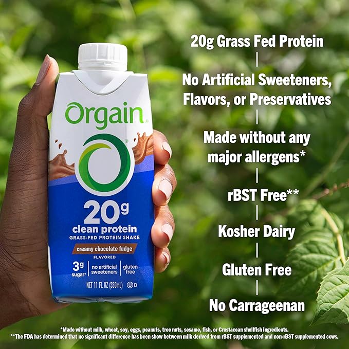 Orgain Clean Protein Shake, Grass Fed Dairy, Creamy Chocolate Fudge - 20g Whey High Protein, Kosher, Ready to Drink, Low Net Carbs, Gluten Free, No Soy Ingredients, 11 Fl Oz (Pack of 4)
