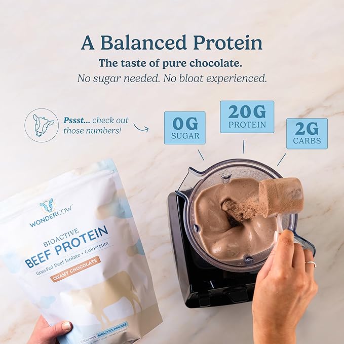 Beef Protein Isolate Powder w/Bovine Colostrum Supplement | Clean, 100% Grass Fed, Carnivore, Keto Friendly | Gluten Free | Helps Build Lean Muscle | 20g of Protein, 30 Servings, Chocolate