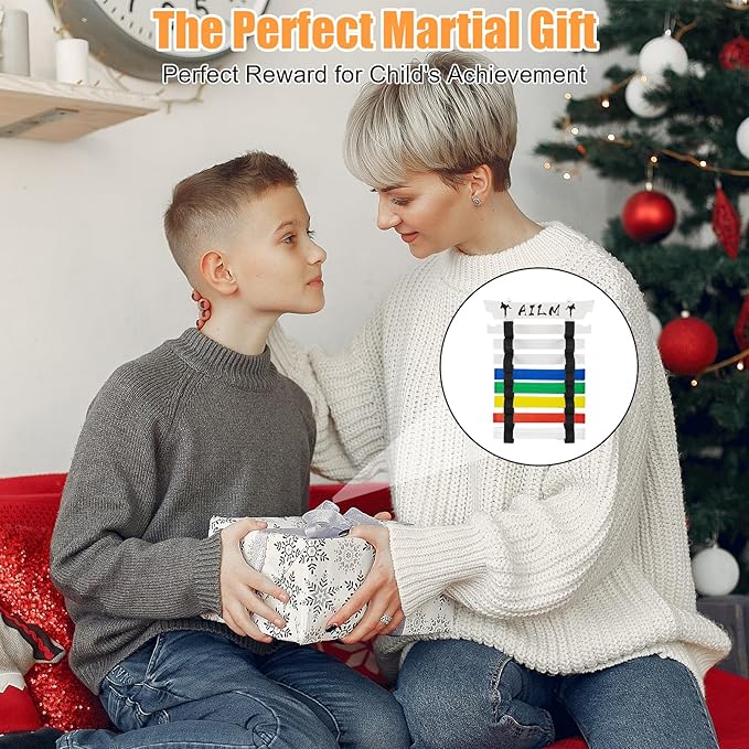 8 Belts Upgraded Karate Belt Display Rack with Stickers, Taekwondo Belt Display 【No Assembly Required】 Martial Arts Belt Display, Karate Belt Holder for Kids and Adult, Wood