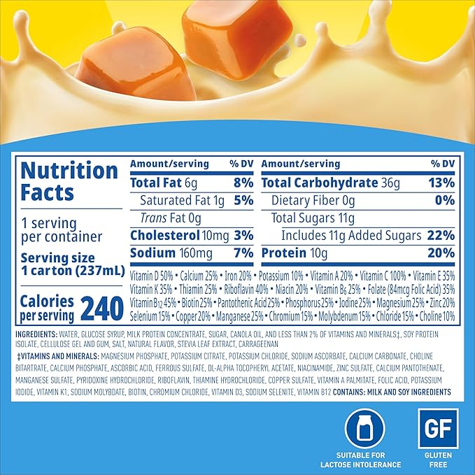 Carnation Breakfast Essentials Original Nutritional Drink, New Caramel Flavor, Ready-to-Drink, 10g Protein, Vitamins D & C, Key Nutrients for Immune Support, Gluten Free, Kosher, 8 FL OZ (24 Pack)