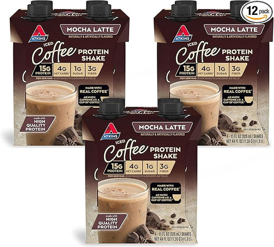 Atkins Mocha Latte Iced Coffee Flavored Protein Shake, High Protein, Low Glycemic, Low Carb and Low Sugar Shakes, Keto-Friendly, 12 Pack